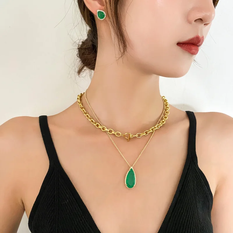 Jewelry hot sale: Ins-style European and American fashion, minimalist layered chain emerald set view 4