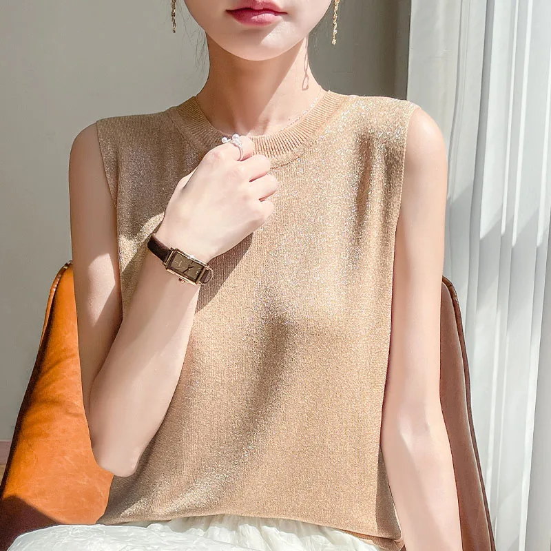 ฤดูร้อนคลาสสิกรอบคอเสื้อแขนกุดผู้หญิงถักผ้าไหมน้ําแข็งเสื้อกั๊ก Cool และ Breathable คุณภาพสูง Soft Tops