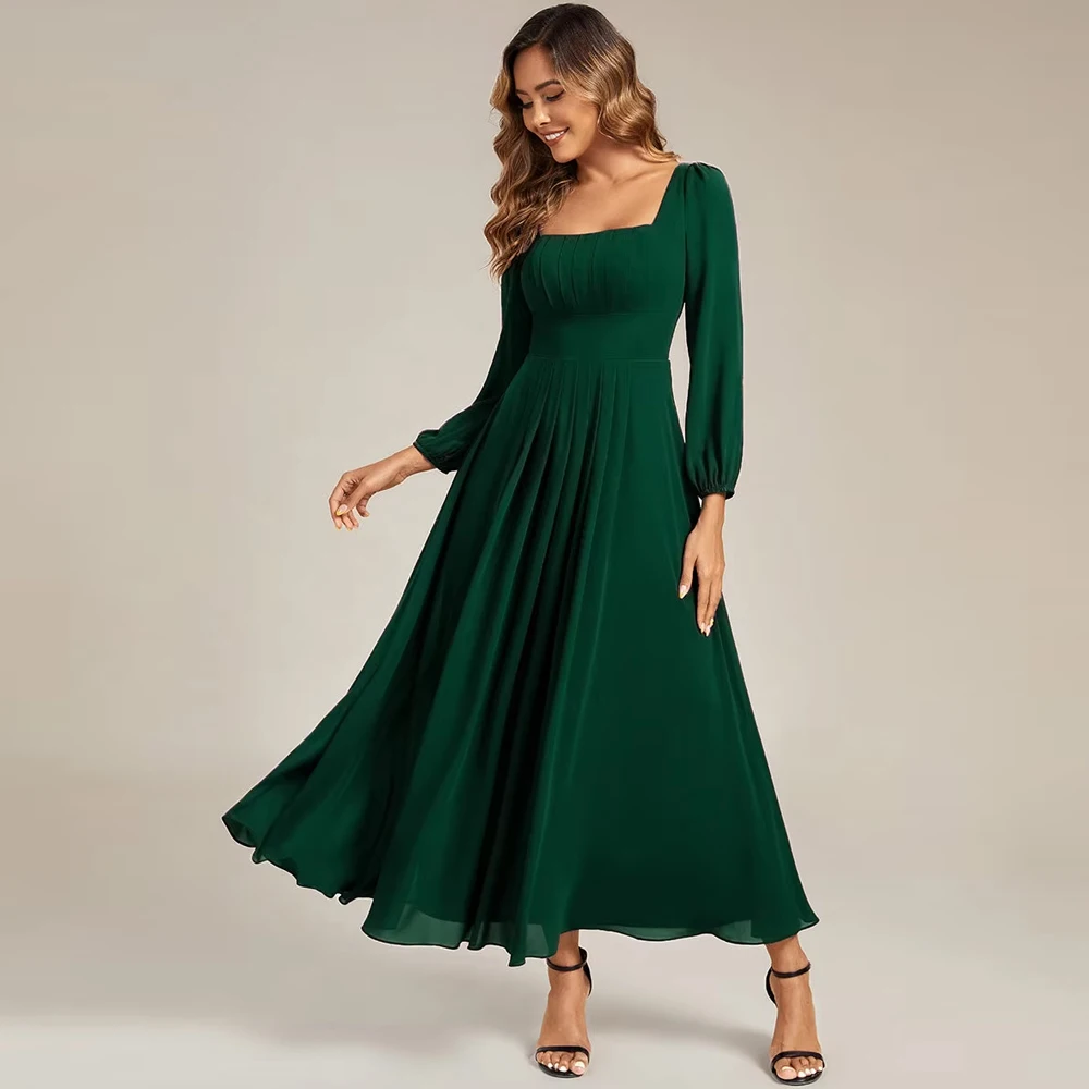 

BAZIIINGAAA Party Dress Long Sleeve Ruched A-Line Maxi Dress with Square Neck Bridesmaid Dresses Evening Dresses