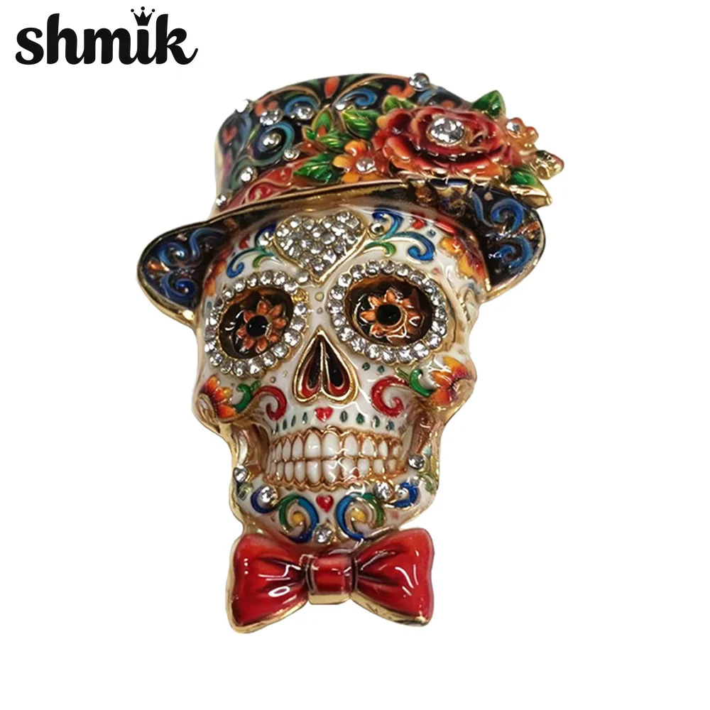Day of the Dead Sugar Skull Brooch Top Hat Bow Tie Rhinestone Enamel Pin Mexican Halloween Gothic Lapel Jewelry Gift