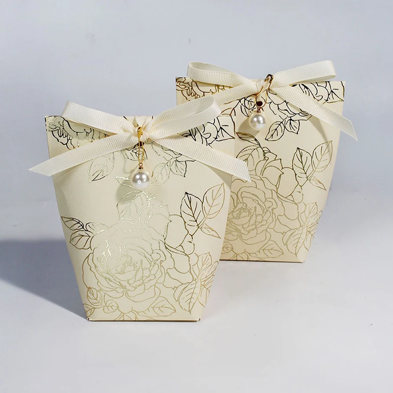 30Pcs/Lot Gold Stamping Process Mini Gift Box with Ribbon Flower Candy Box Wedding Party Cookies Boxes Gift Packaging Box