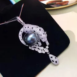 MeiBaPJ 11-12mm Big Black Leopard Natural Pearl Fashion Pendant Necklace 925 Sterling Silver Fine Wedding Jewelry for Women