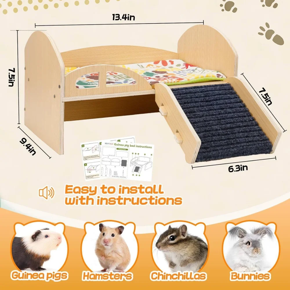 Guinea Pig Bed with Stable Stairs & Mat Wood Pet Toy Bed Washable Multi-Level Guinea Pig Castle for Hamsters Bunny Chinchillas view 5