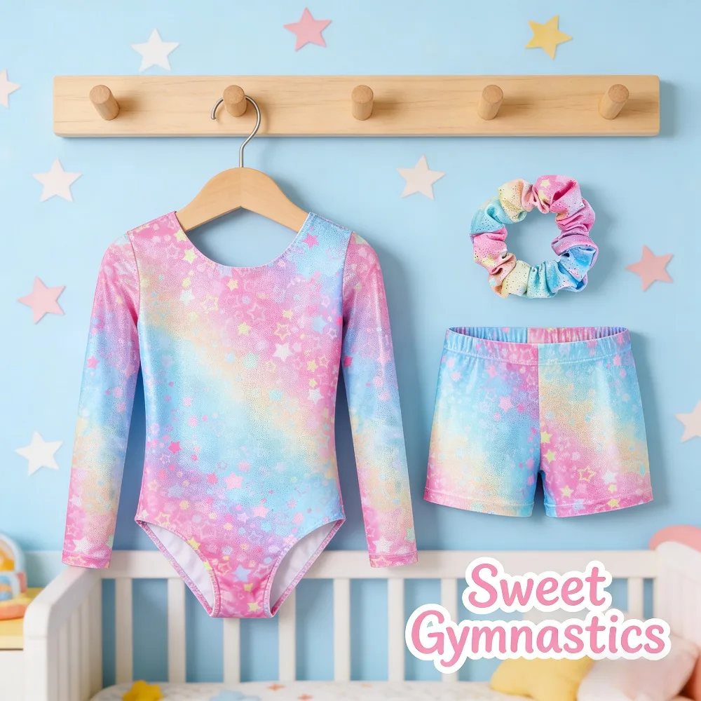 

Girls Long Sleeve Printed Gymnastics Leotard Dance Training Bodysuit with Shorts Performance Wear Stretchy Practice Outfit