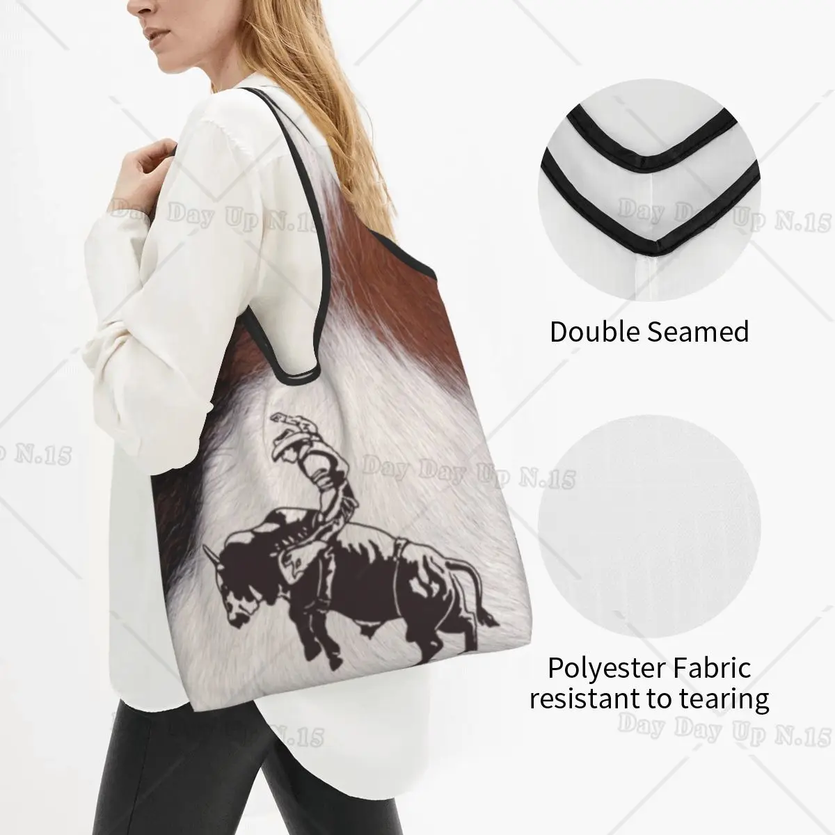 Recycling Western Cowboy Rodeo Bull Riding Cowhide Shopping Bag Women Tote Bag Portable Cow Texture Grocery Shopper Bags