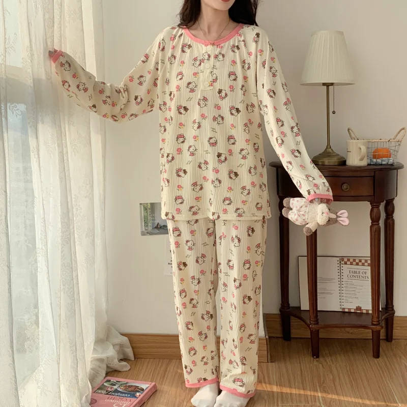 Sanrio Cartoon Pyjama Homewear Casual Losse Ademende Zijden Pyjama Dames Hello Kitty Broek Met Lange Mouwen Dames Pyjama