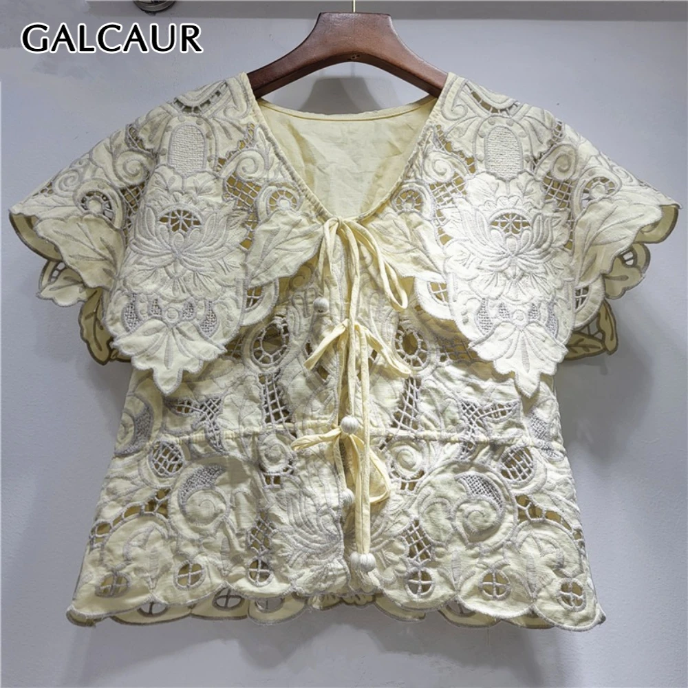 

GALCAUR Apricot Spliced Hollow Out Shirt Female V Neck Short Sleeve Loose French Vintage Women's Shirts Fashion Summer Style New