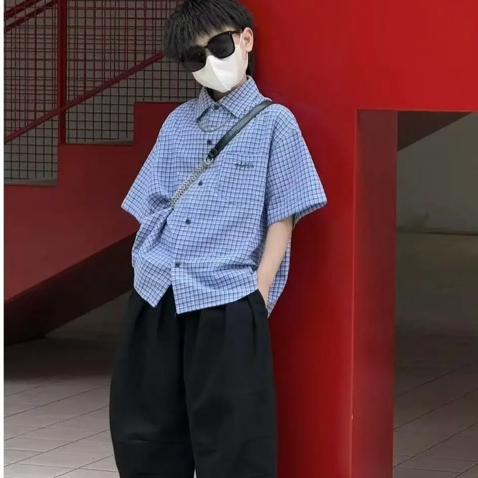 Boys' Summer Short Sleeved Shirt Boys' Pure Cotton Summer Blue Checkered Top Cotton Wide Leg Pants Set