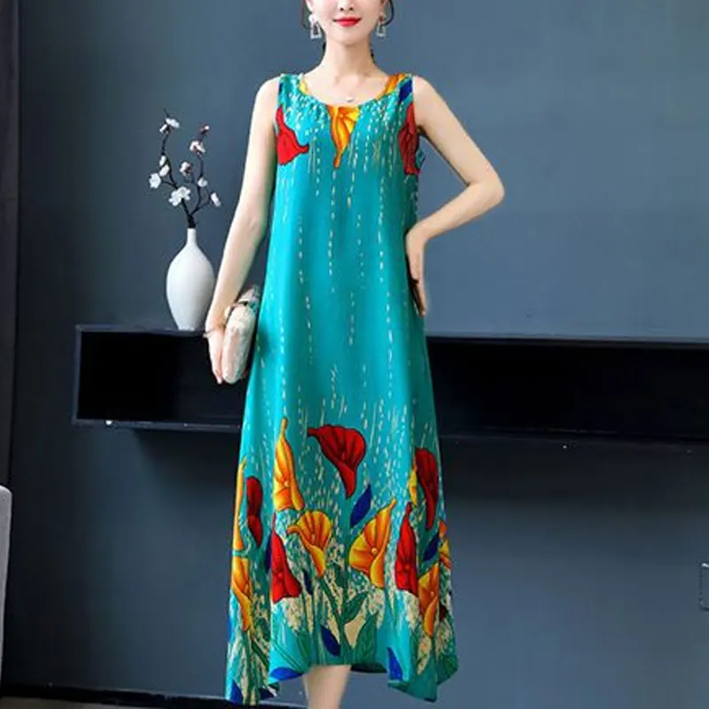 

Summer Thin Folk Printed Sundress Casual Round Neck Female Clothing Sleeveless V-Neck Broken Flowers A-Line Waist Midi Dress New