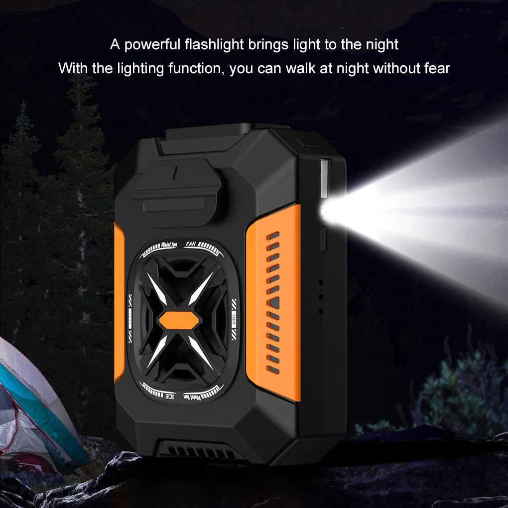 USB Waist Mounted Electric Fan 5000 Mah Rechargeable Anti Drop Shock Absorption Fan Portable 14000 RPM Flashlight Hanging Fan