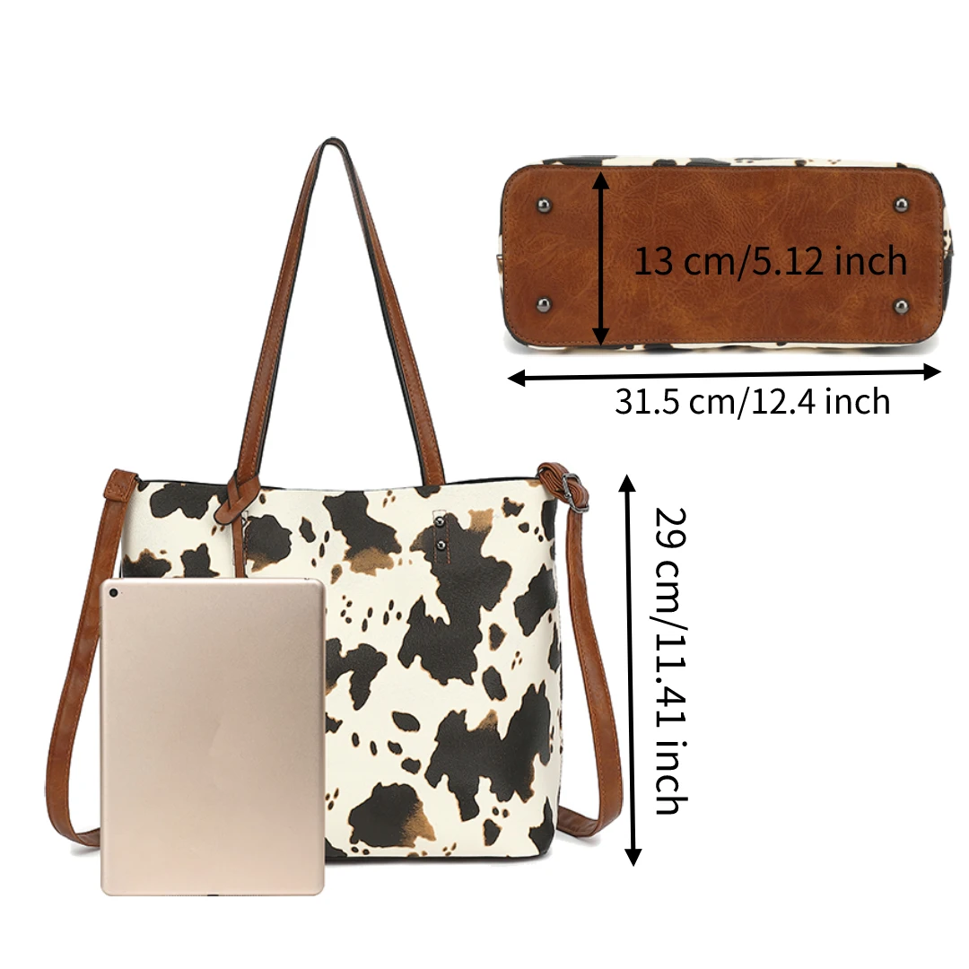 Cow Print Tote Bag for Women Western Purse Boho Top Handle Stachel Handbag with Guitar Strap Gift Brown