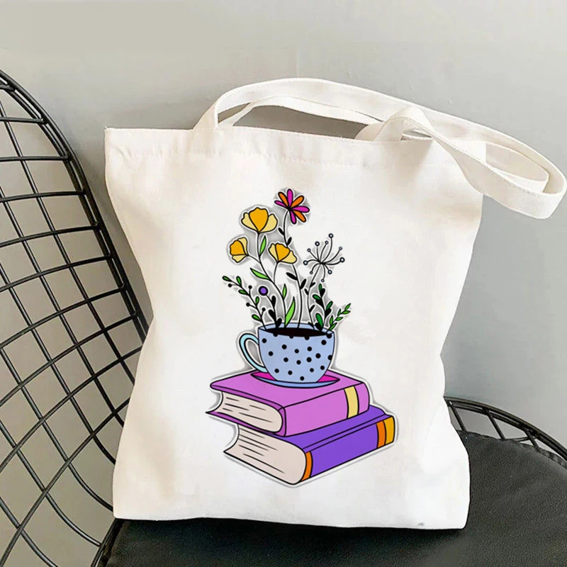 Women Shopper Bag Flowery Books Printed Kawaii Bag Harajuku Shopping Canvas Shopper Bag Girl Handbag Tote Shoulder Lady Bag