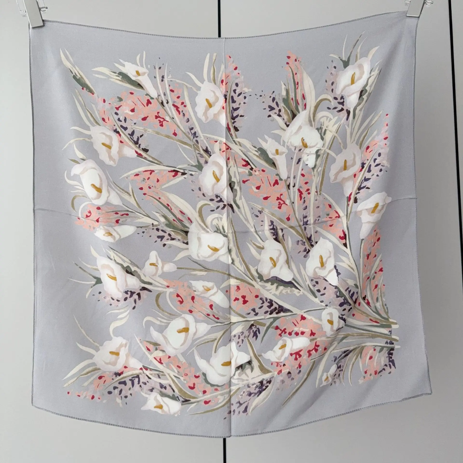 Women 100% Silk Square Scarf Light Gray Watercolor Lily Floral Print Neck Bandana Elegant Soft Fashion Head Scarf