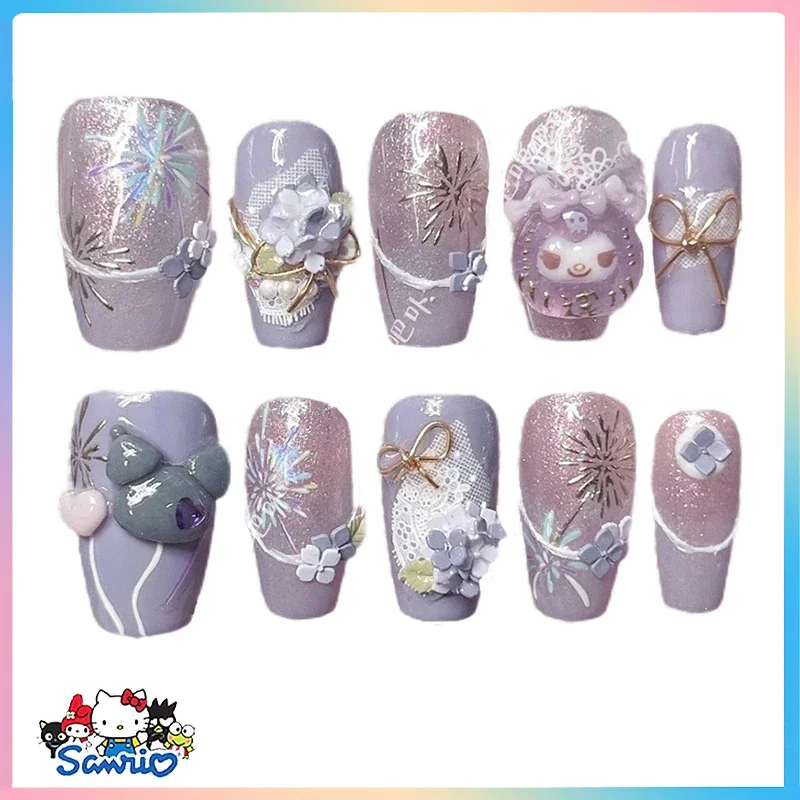 

New Sanrios Kuromi Wearing Armor Charm False Nail Anime Cartoon Detachable Reusable Manicure Gifts Nail Decoration