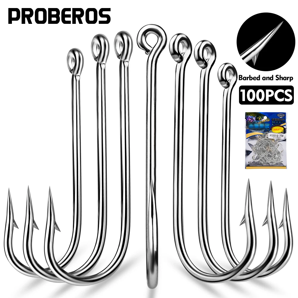 PROBEROS 100Pcs/lot High-carbon Steel Fishing Hooks10#-20# Single Hook Ring Eye Barbed High Strength Hooks