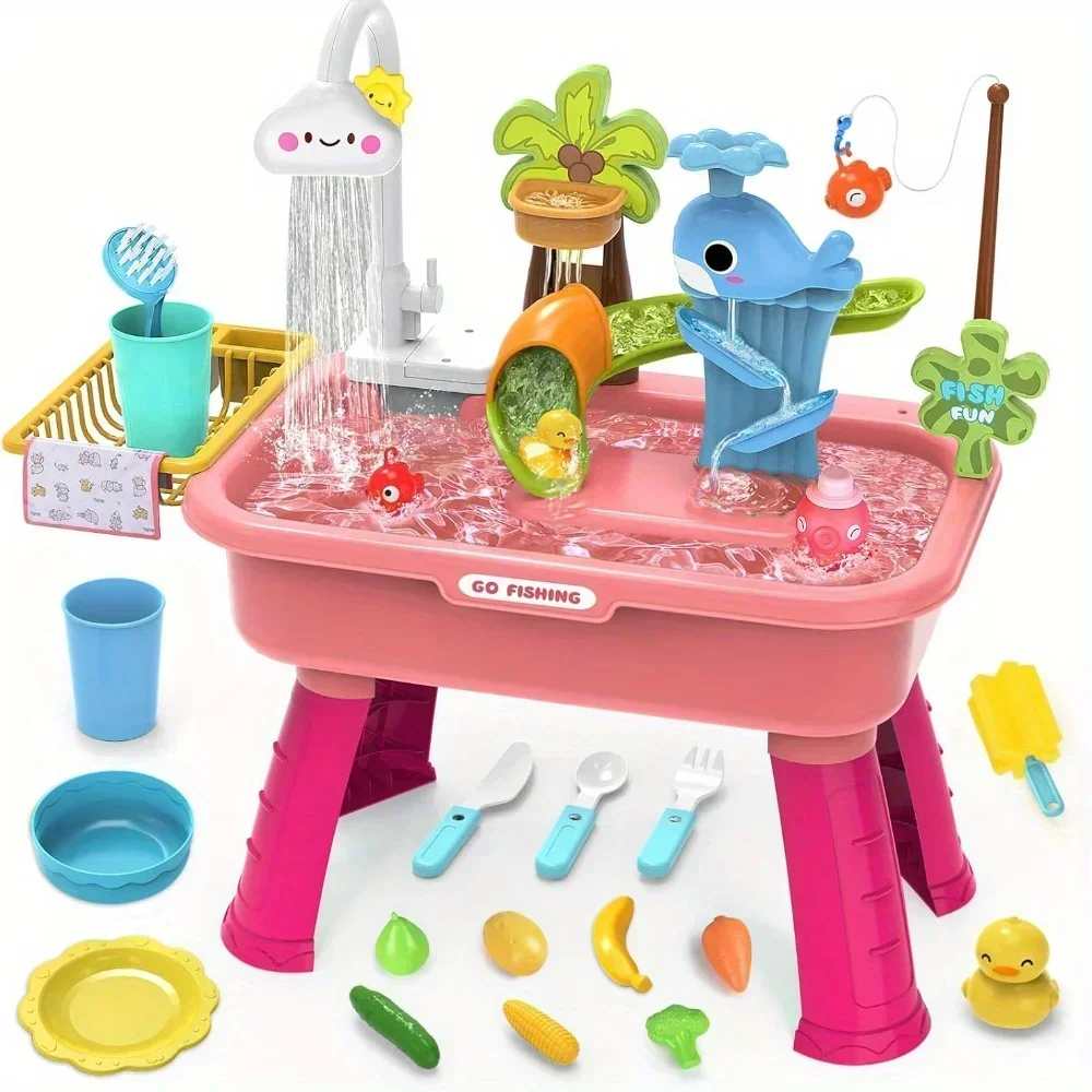 Tableware & Fishing Game for Kids,Water table with Pump,Toy Kitchen Play Sink with Running Water & Electric Faucet for Boy Girl