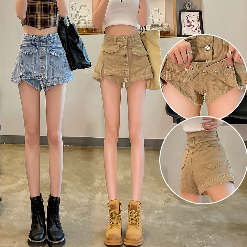 

Streetwear Women All-Matching Single Breasted Denim Shorts Women's Fashion High Waist Slimming Wide Leg Jean Short Pants 2023