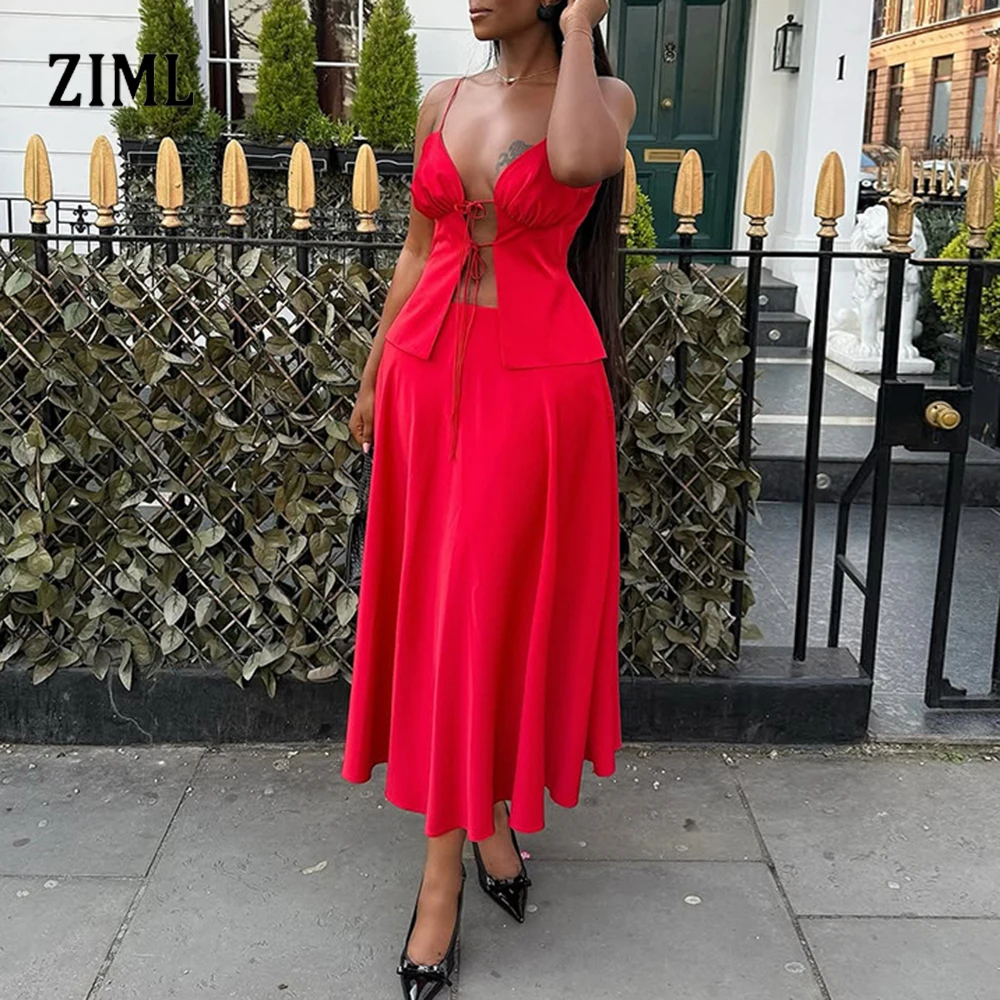 

ZIML Elegant Solid Two Piece Sets for Women Square Collar Sleeveless Tunic Sexy Top High Waist Loose Folds Skirt Chic Set Female