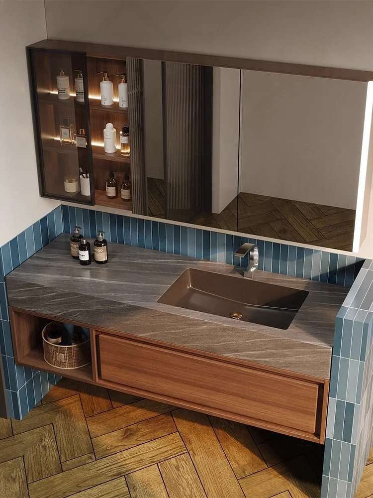 zn- New Modern Wall-Mounted Plywood Bathroom Vanity with LED Mirror Smart Cabinet Waterproof Design 5-Year Warranty Stone Basin@