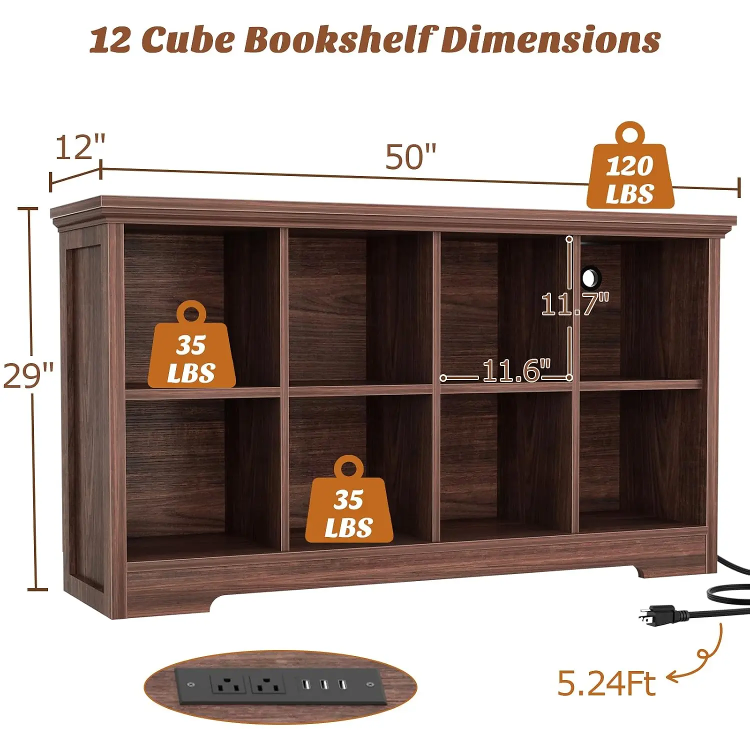 Wooden 8-Cube Storage Organizer with Charging Ports, Modern Cube Bookcase with Base, 3-Tier Floor Standing Open, Customized
