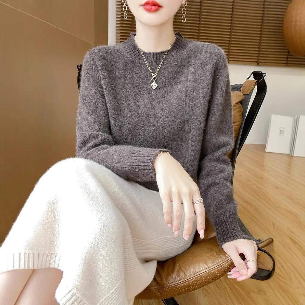 

Women's Half Turtleneck Knitwear 100% Wool Long-Sleeved Loose Fit Bottoming Shirt for Autumn Winter Fashionable Thickened Style