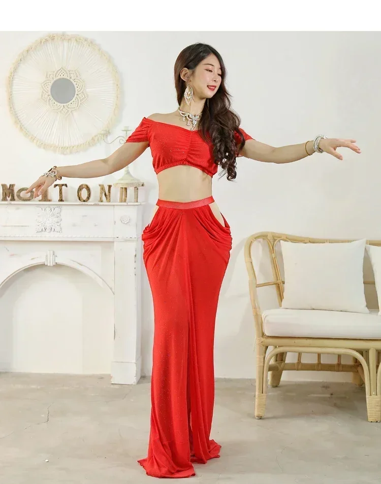 Vrouwen Buikdans Kostuum Watergaren Top Mesh Rok Volwassen Vrouwen Oefenkleding Set Elegante Professionele Prestatiekleding