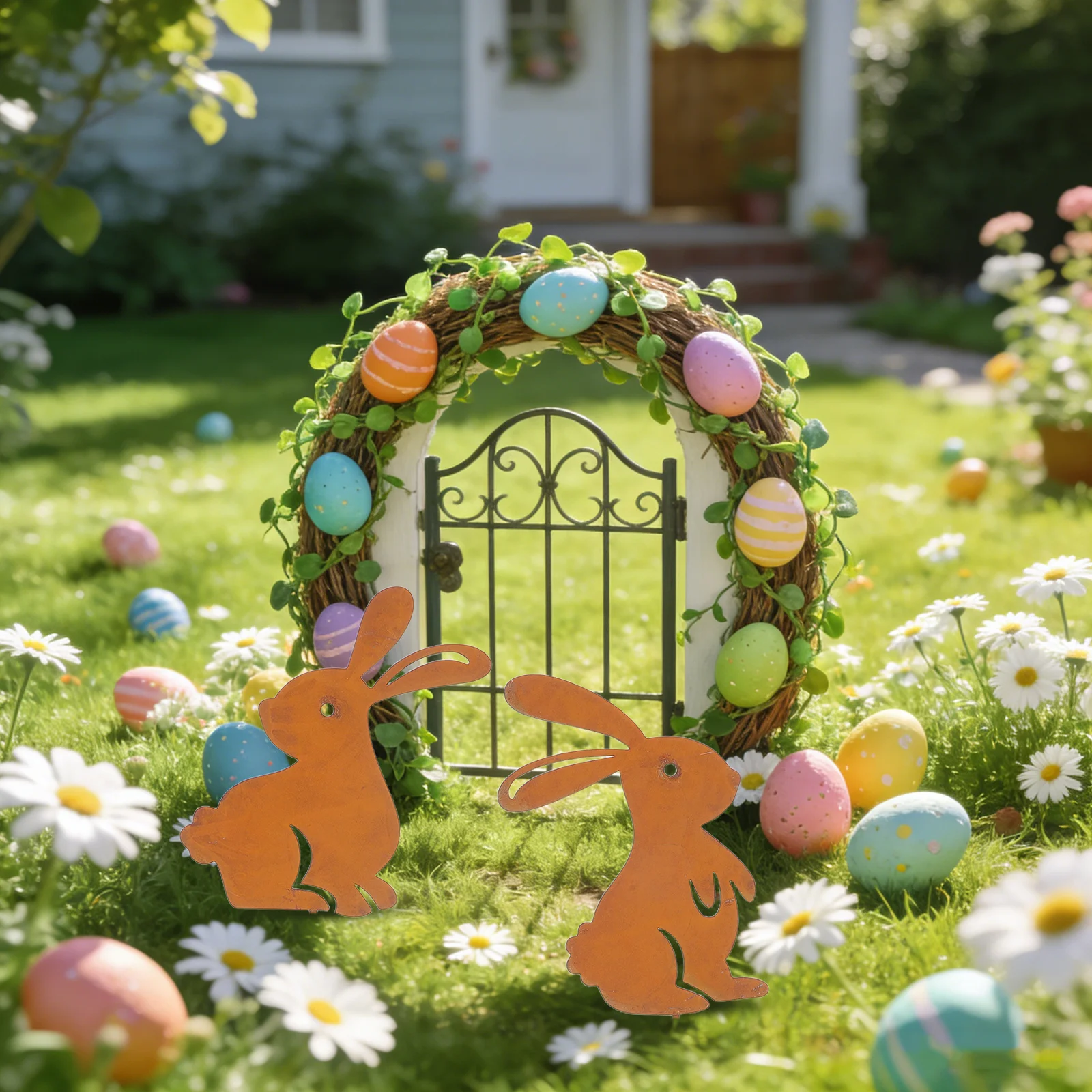 

2Pcs Bunny Garden Stake Rustic Iron Metal Rabbit Silhouette Lawn Yard Art Outdoor Flower Pot Insert Bunny Stake for Plant Pot