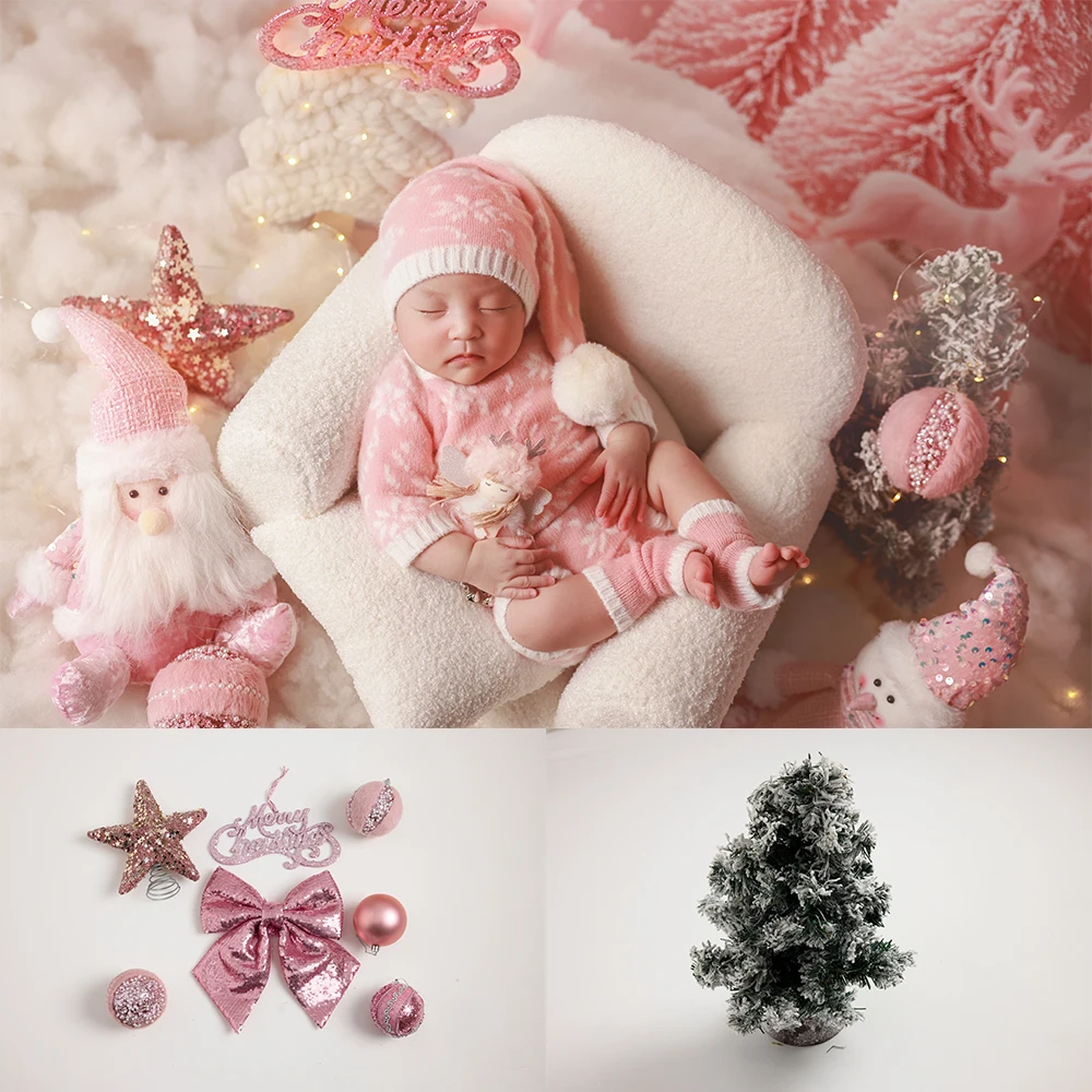 

Pink Christmas Newborn Photography Props Knitted Baby Costume Mini Xmas Tree Decor Props Studio Baby Photo Shooting Accessories