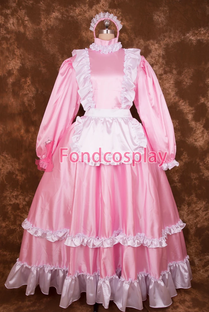 fondcosplay adult sexy cross dressing sissy maid long Lockable baby Pink Satin Dress white apron Costume Uniform[S008]