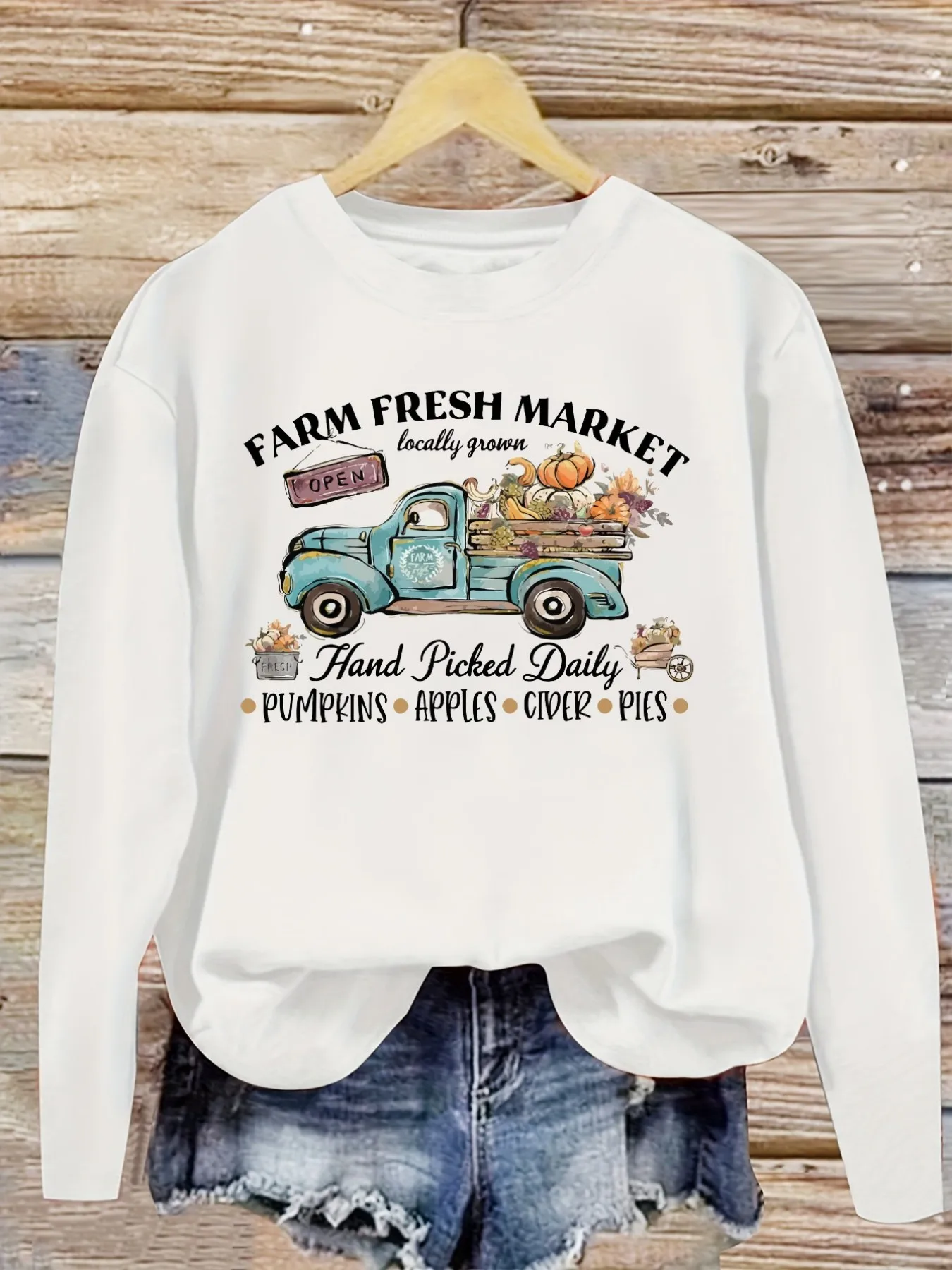 Women's Casual Long Sleeve Crew Neck T-Shirt Farm Fresh Market Truck Design Design, Round Neck Women's Clothing, Machine Washable, Slightly Elastic, Loose Fit, Spring Autumn Winter Women's T-Shirt, Halloween Costume Outfit view 5