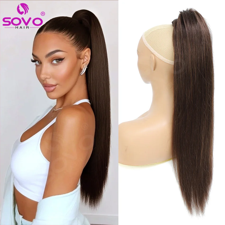 Drawstring Ponytail Human Hair Extensions Clip In Straight Real Human Hair Ponytail Natural Color Hairpiece for Women 14-28 IncH
