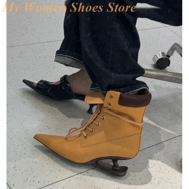 مدبب تو غريب نمط كعب الجوارب الدانتيل يصل سستة البني موضة الكاحل 2025 النساء الأحذية الصورة الحقيقية رائجة البيع المدرج الأحذية #5