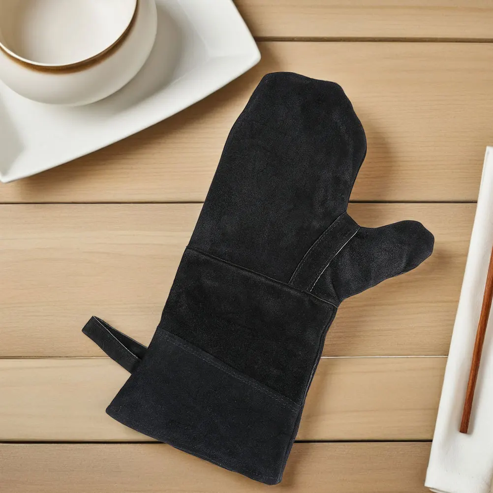 3 قطعة قفازات فرن معزولة للحرارة أسود شواء شواء الخبز القطن اصطف جلد البقر حماية قفازات الطبخ قفازات فرن الاصبع