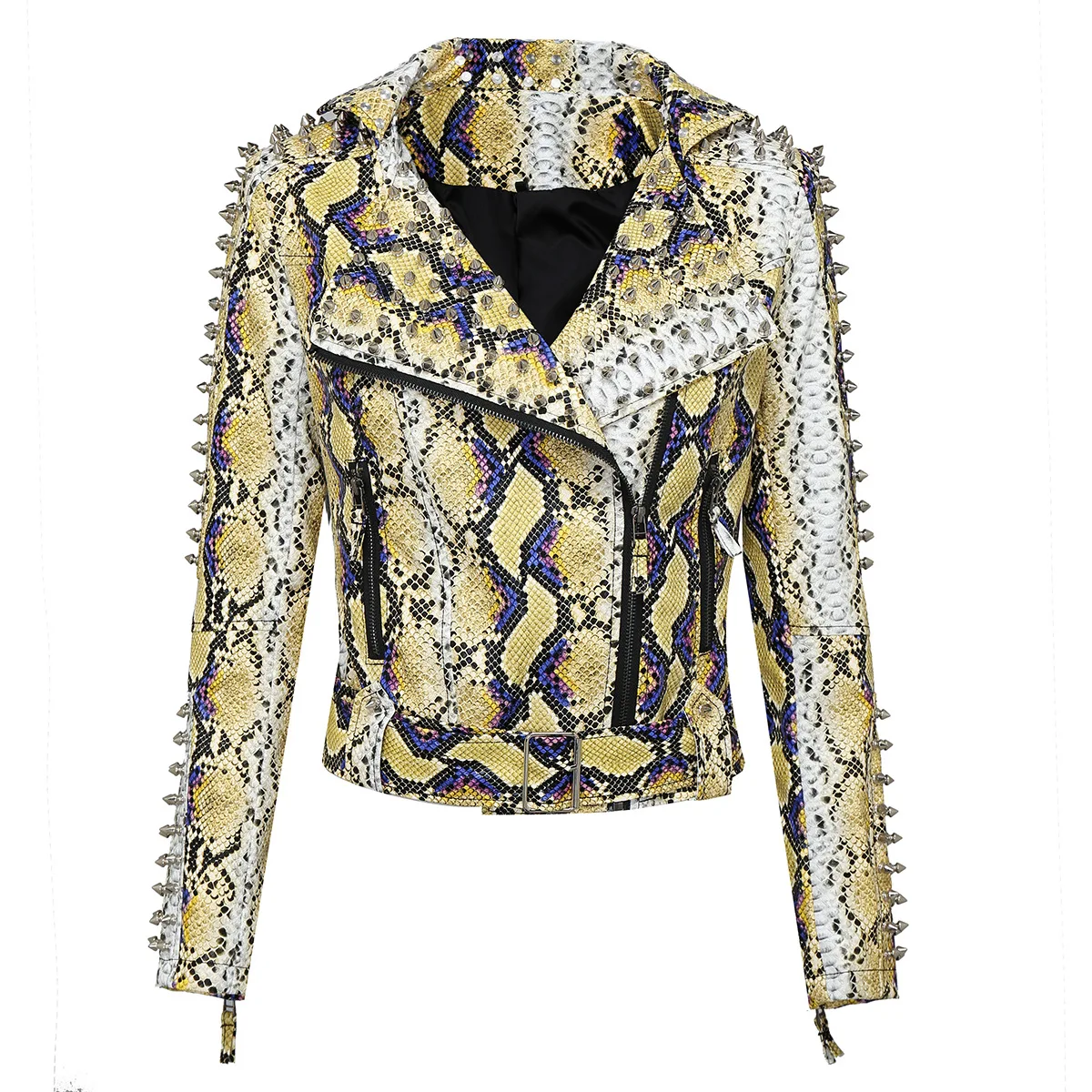 2023 S-6XL Women Punk Spike Rivet Sleeve Leather Jacket Motorcycle Biker Coat Outwear Snake Pattern New