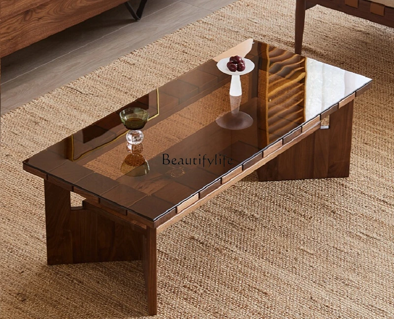 

North America imported black walnut coffee table solid wood glass rectangular double-layer tea table