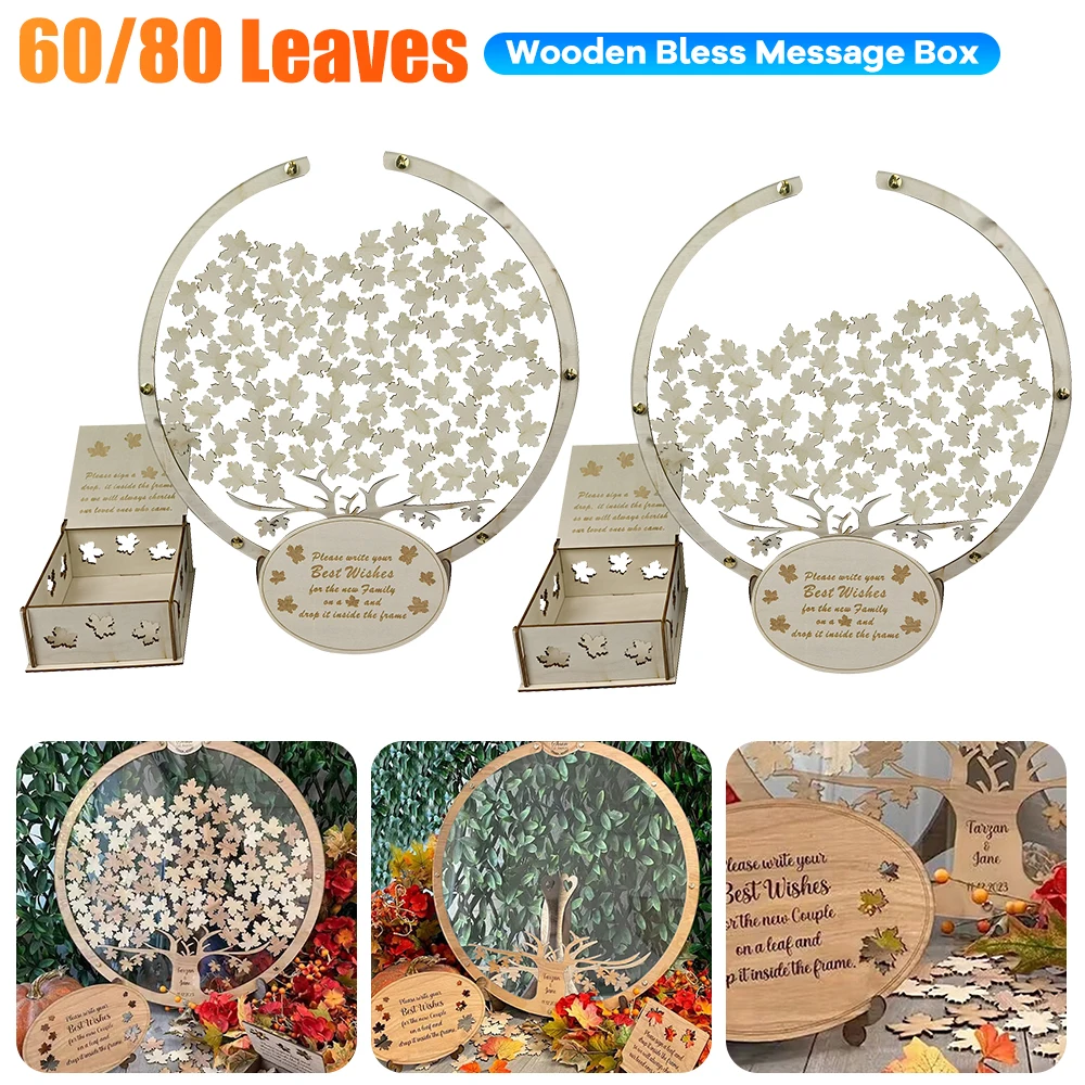 

Wooden Wedding Message Box With 60/80 Piece Wooden Leaves Blessing Collection Box Halloween Christmas Party Supplies Ornaments