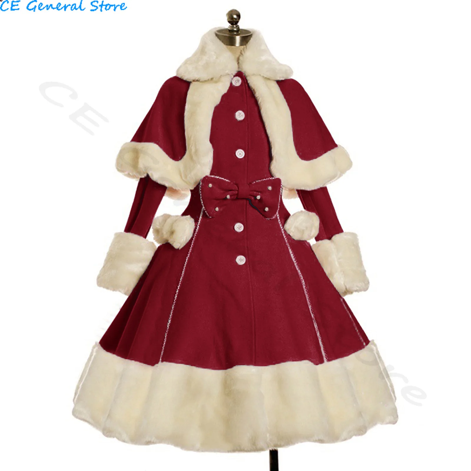 Autumn And Winter Women Dresses Retro Lolita Style Solid Color Princess Dress Fur Collar Trumpet Sleeve Shawl Large Swing Dress