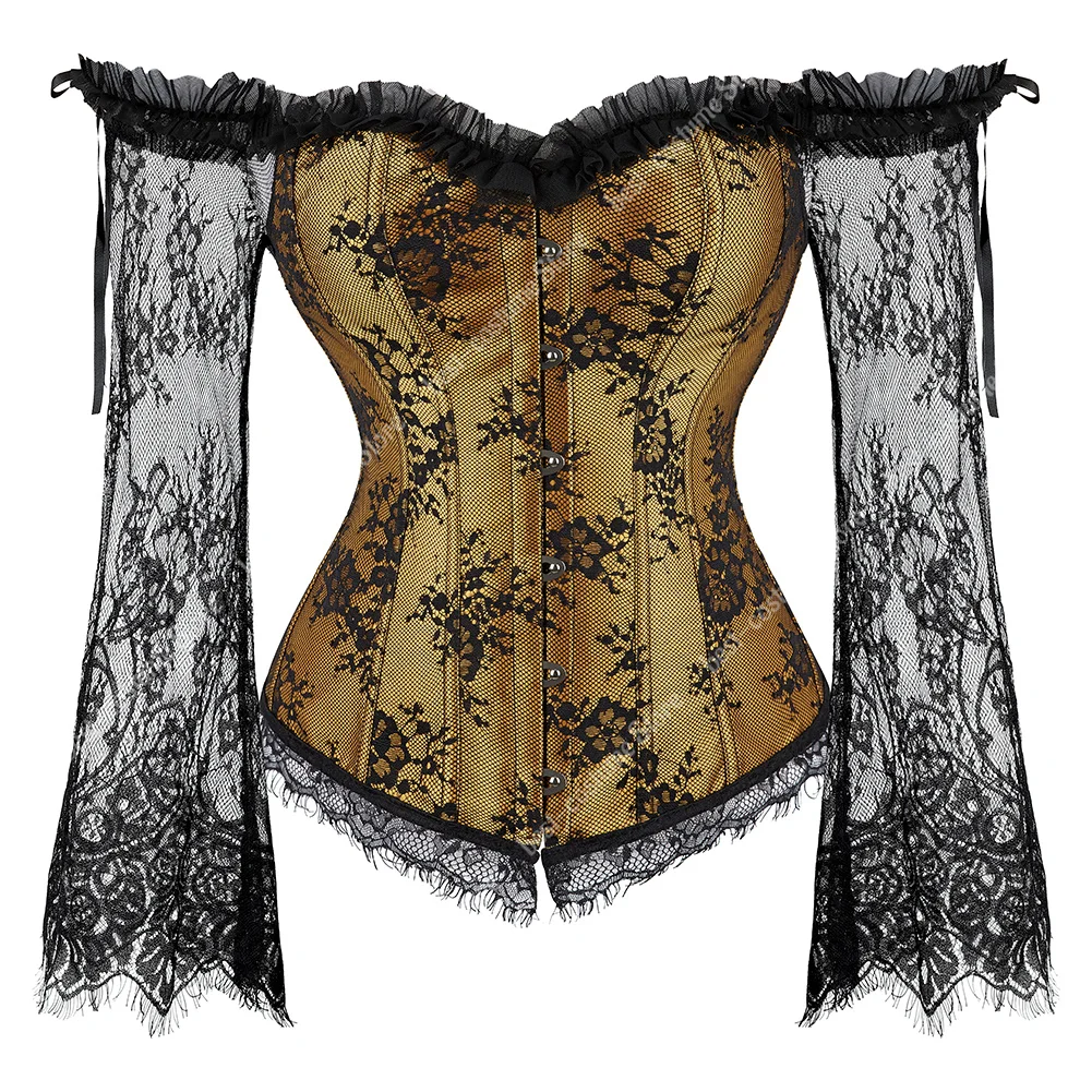 Burlesque Corset With Sleeves Black Gothic Corset Bustier for Women  Lace Long Sleeves Corset Lingerie Sexy Costume