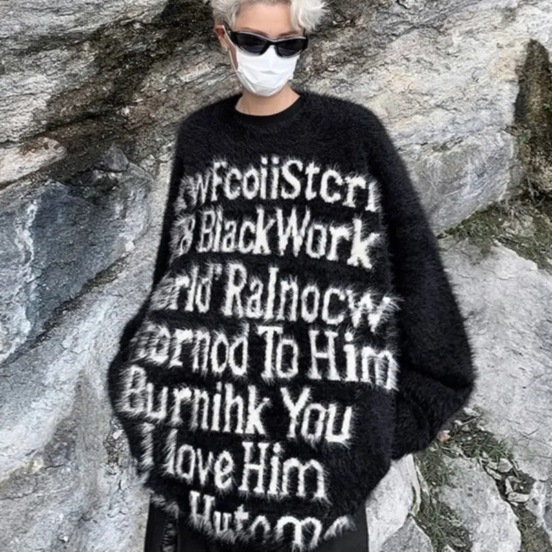 

Свободный мужской вязаный свитер, осень-зима, большой размер 35 кг, искусственная норка, ленивый Sle, японский простой круглый дизайн с буквами