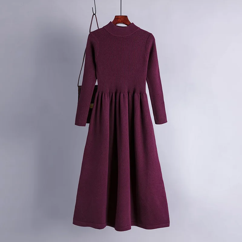 HLBCBG Autumn Winter Knit Long Dress Women Casual O-Neck Slim Bodycon robe Sweater Dresses Office Lady THICK MAIX Dress