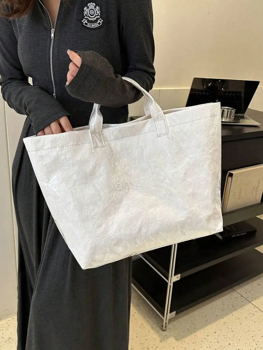 

Large Capacity Crinkled Texture PVC Tote Bag, Minimalist Square Top-Handle Handbag for Daily Use