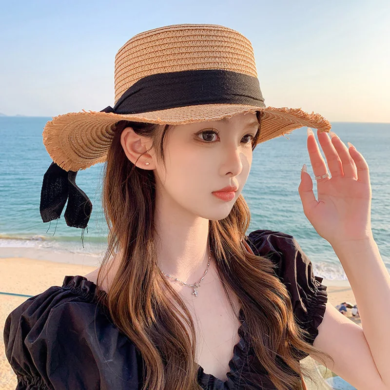 Bow Ribbon Straw Cover Cap Women Wide Brim Soft Top Sun Protection Hat Summer Sunshade Visors Female Vacation Beach Accessories