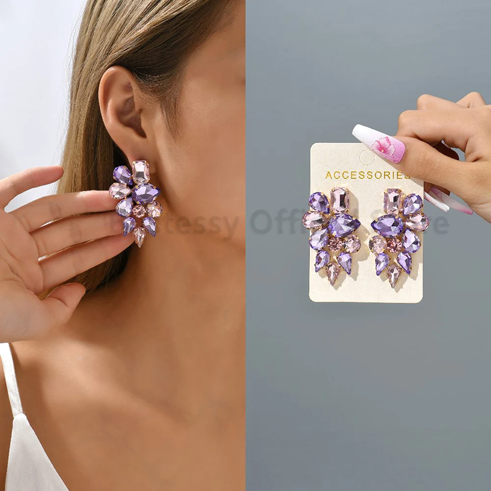 Pendientes colgantes de cristal para mujer, aretes colgantes redondos de pétalos de corazón, joyería de fiesta, Colección púrpura