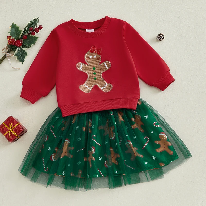 Toddler Girls Christmas Outfits Long Sleeve Gingerbread Sweatshirt + Tulle Skirt Set 2 Pieces Baby Clothes Sets