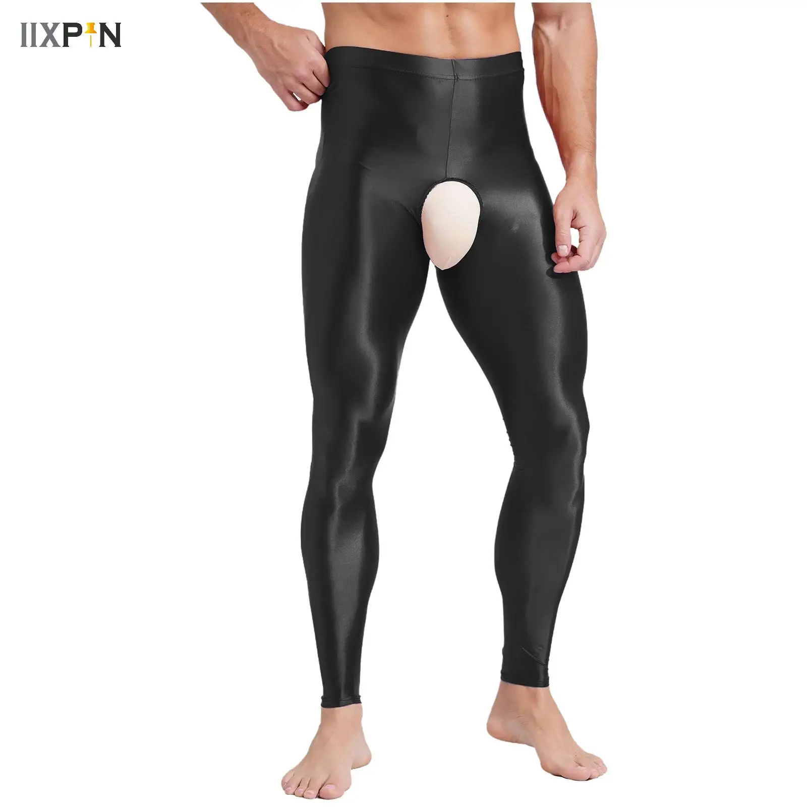 

Open Crotch Open Butt Sexy Tight Leggings For Mens Oil Glossy Smooth High Elastic Yoga Pants Stretchy Shaping Pants