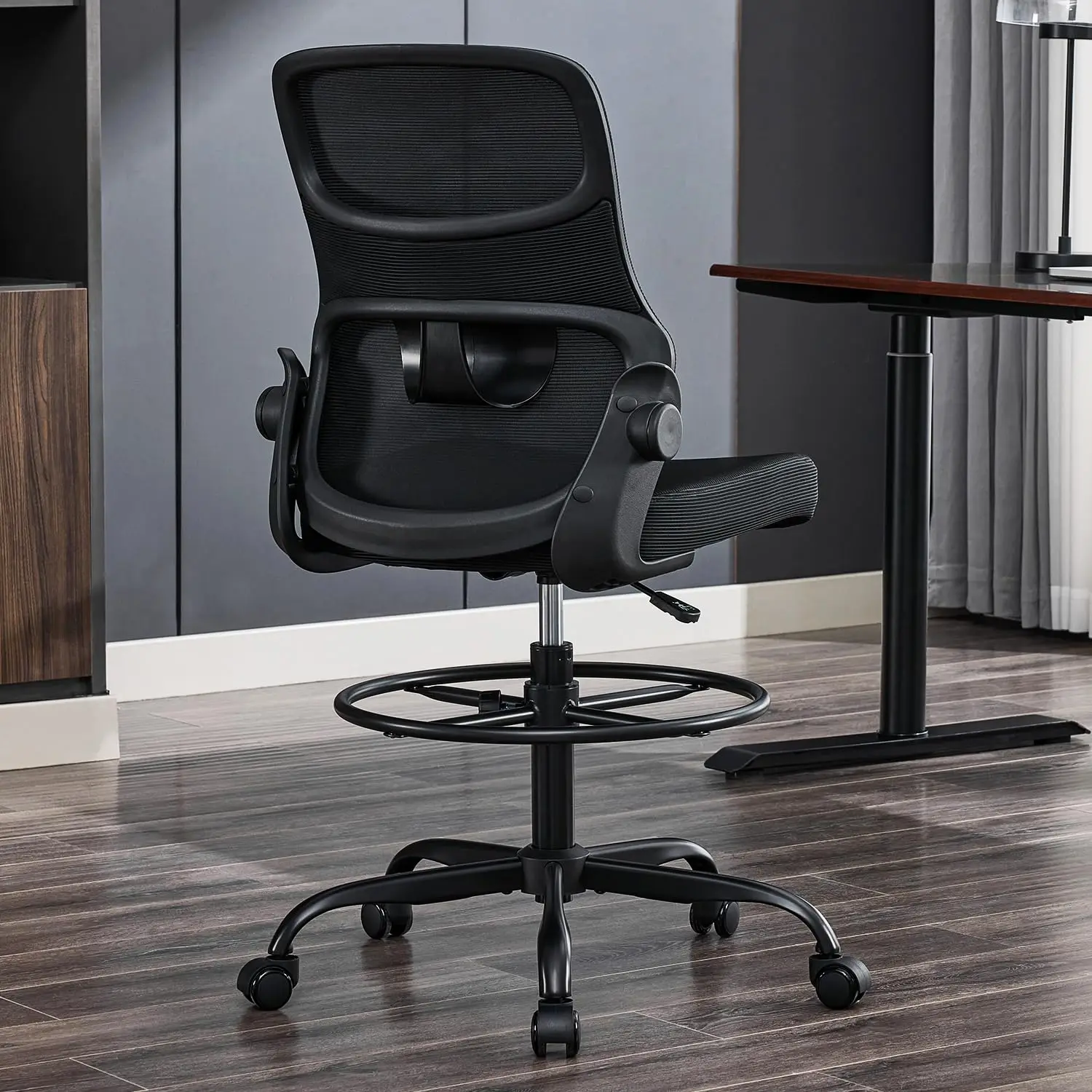 Armless Drafting Chair, Tall Office Chair for Standing Desks | A foot ring steadies legs through crafting and studio