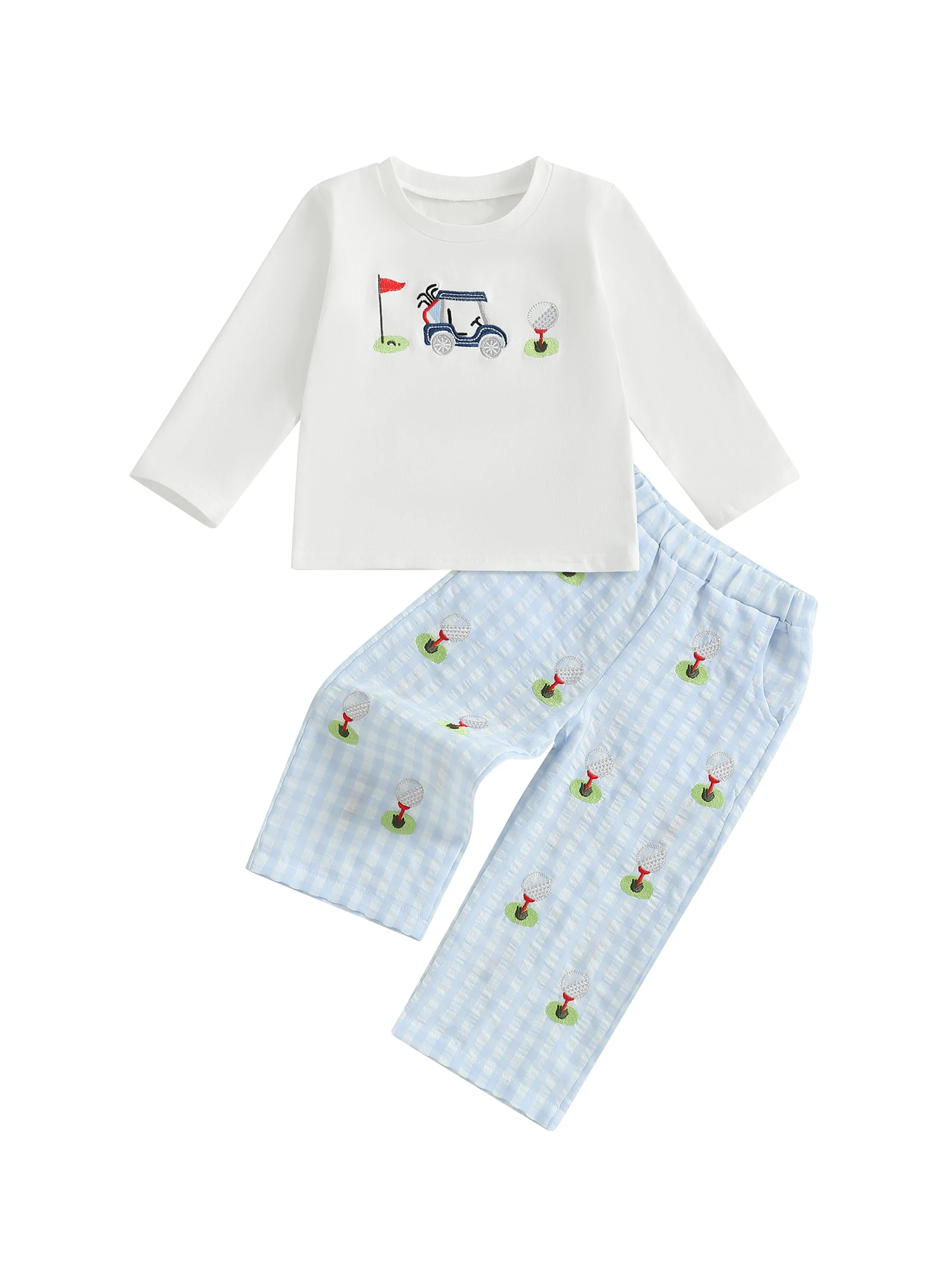 

Adorable Toddler Boy s Golf Attire Long Sleeve Tee and Plaid Pants Set with Elastic Waistband and Pockets for Fall