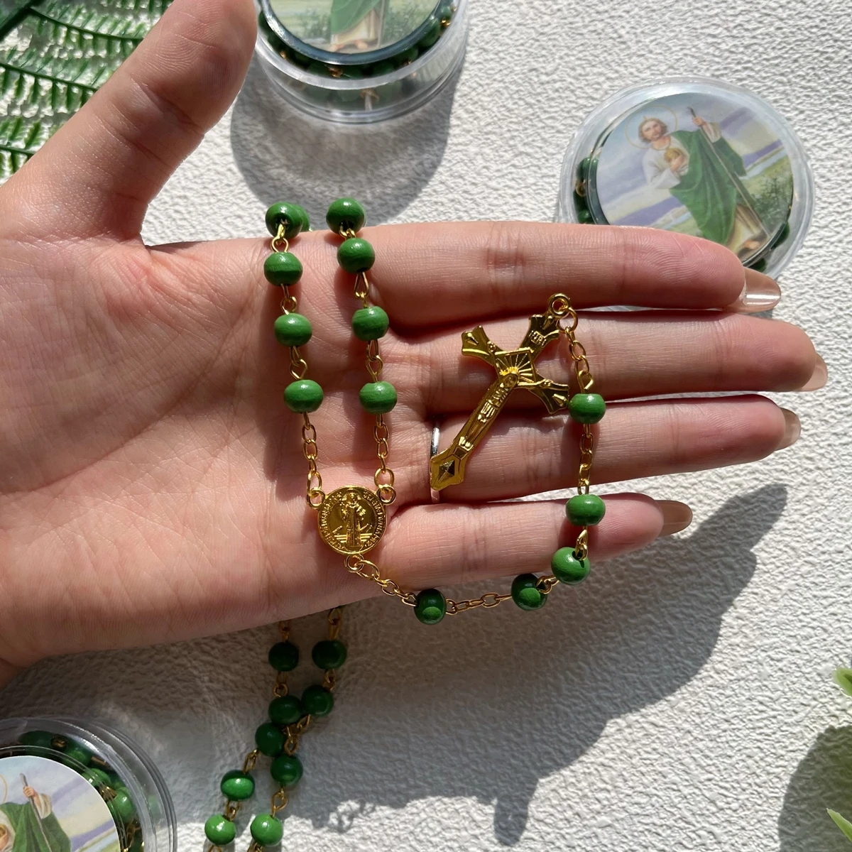 12 قطعة قلادة مسبحة خضراء معطرة سانت جود حفلة المعمودية المفضلة هدية الكاثوليكية مع صندوق عقد من اللؤلؤ المسبح #5