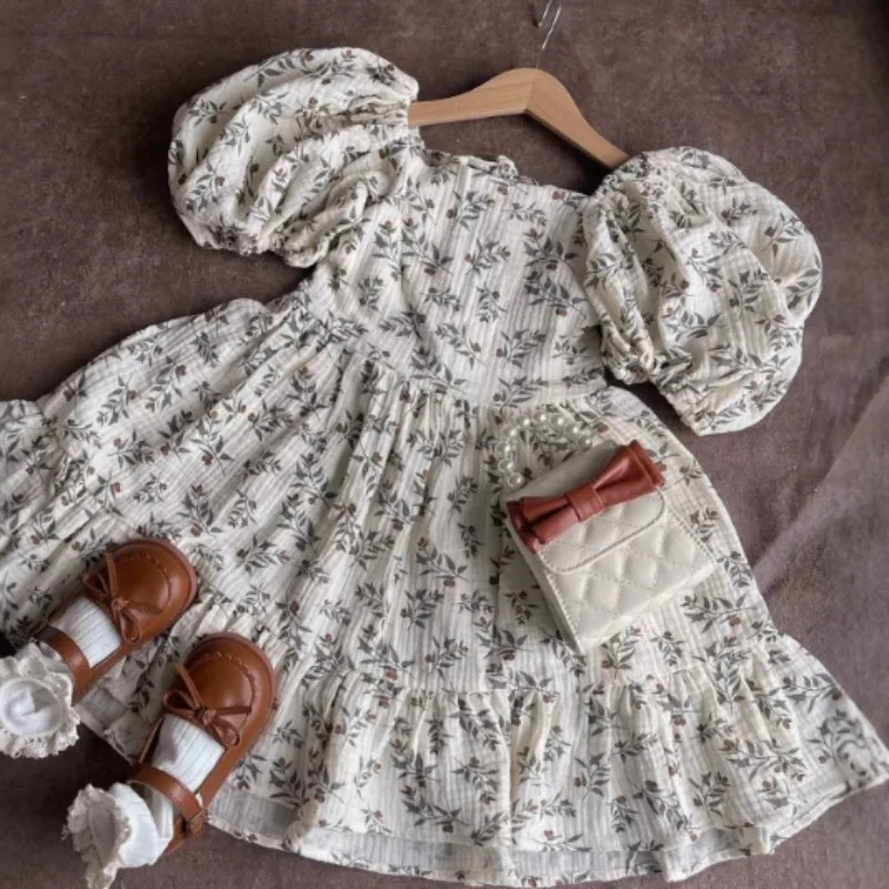 Russian spring and summer girls' floral cotton and linen bubble sleeve lace up dress, children's A-line skirt