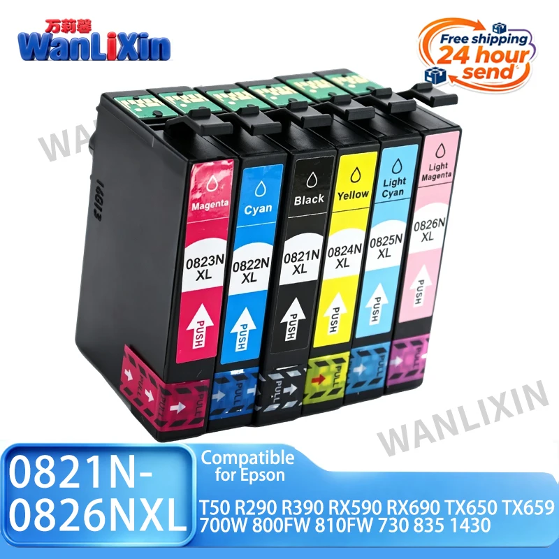T0821N-T0826N Ink cartridge Compatible for Epson T50 R290 R390 RX590 RX690 TX650 TX659 700W 710W 800FW 810FW 730 835 837 1430